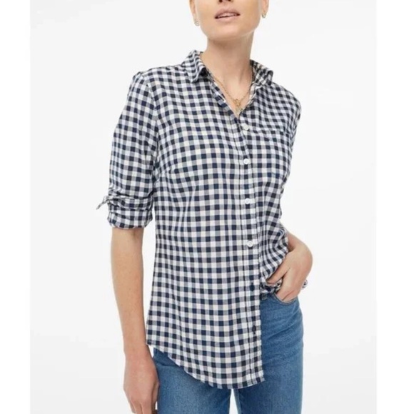 J Crew Navy Blue White Gingham Cotton Long Sleeve Button Front Shirt SZ 8 - Picture 1 of 13